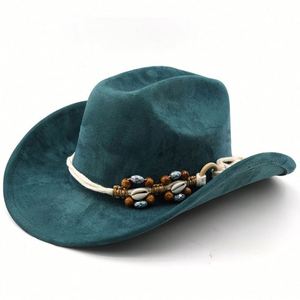 2025 Autumn Winter New Arrival Trendy Vegan Suede Western Cowboy <b>Hat</b> with Wood Beads Rope - Product Image 3