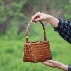 Handmade Bamboo Woven Basket Oval Red Bohemian Style Women's Tote Bag Storage For Tea Set Fruit Household Use - Product Image 3