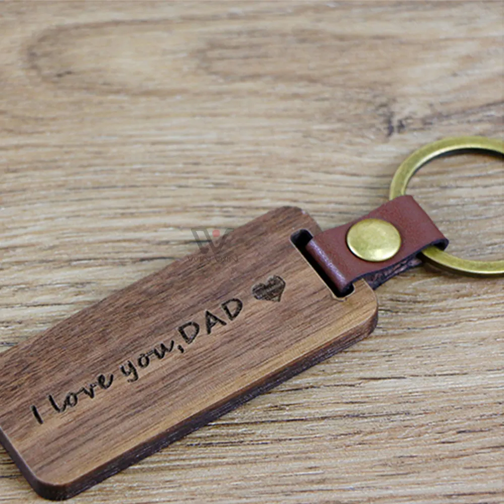 Koa Walnut Wood Leather Keychain Custom Made Wooden-keyring With Luxury Leather Wooden Promotional Brank Keychains For Gifts