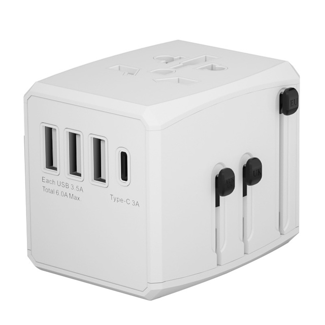 Universal Travel Adapter 10A with 3 USB/Type-C Ports and 4 Outlets USA/UK/EU/AU Plugs for Phone Laptop-All-in-One Wall Charger