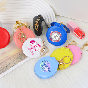 Yuvarlak cep aynası Pu deri özel Logo taşınabilir seyahat aynaları kozmetik küçük ayna anahtarlık ile - Product Image 5