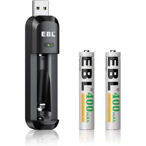 Piles numériques rechargeables AAAA Ni-MH 1,2 V haute capacité 400 mAh EBL avec chargeur intelligent, 1200 cycles, 2 unités, surface - Product Image 1