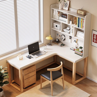 Bureau d'angle moderne en bois massif épaissi en forme de L avec bibliothèque intégrée, bureau d'ordinateur pour chambre, étagère perforée et prise intégrée