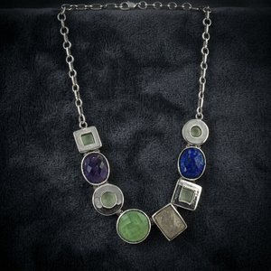 Art Palace 925 Silver Geometric <b>Statement</b> <b>Necklace</b> With Natural Stone Inlay Bohemian Style Link Chain Unisex Everyday Wear - Product Image 1