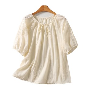 2026 Neue Sommer Großhandel Blumenbestickte Baumwoll-Leinen Französisch-Schicke Mori Girl T-Shirts mit Bindekragen und Losen Raglanärmeln für Damen - Product Image 1