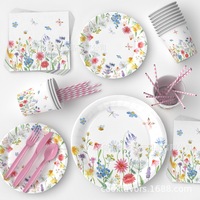 Ensemble de vaisselle de fête en papier floral de qualité supérieure, assiettes, gobelets, serviettes jetables, thème floral, anniversaire, mariage, fournitures pour fête de jardin
