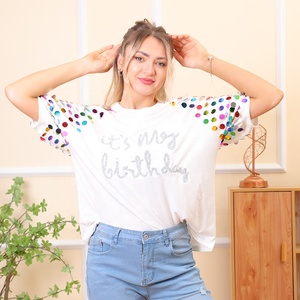 WINGTU Custom Logo Puff Sleeve Embroidered <strong>Glitter</strong> Sequin <strong>Ladies</strong> Blouse <strong>Tops</strong> Womens Tshirts - Product Image 3