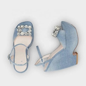 Bright Satin Square Pearls Ornament Thick Platform Shoes Women's Outdoor High Wedge Heels Modern Open Toe Denim <b>Sandals</b> - Product Image 6