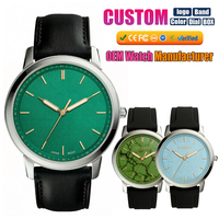 Reloj de Cuarzo Personalizado para Hombre, Caja de Acero Inoxidable, Correa de Cuero de 18 mm, Esfera Verde, Pantalla Analógica, Resistente al Agua, Minimalista