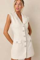Mini robe col cranté modeste à boutons pour femme Église luxe sans manches décontracté fourreau en tweed blanc pour femme