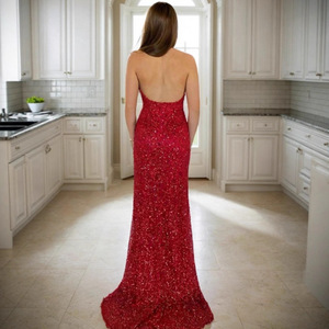 <b>Sequined</b> V-Neck Long Evening Gown With Slit And Zipper Front For Banquet Wear - Product Image 3