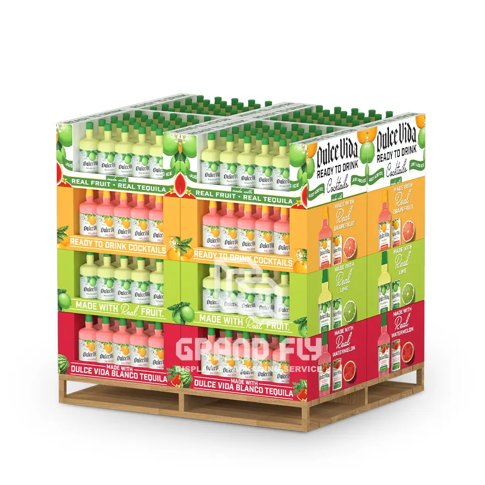 Jouets en carton personnalisés de supermarché, présentoir de palette de benne à bonbons, présentoir de palette de boissons en carton POP