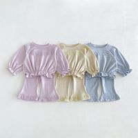 Ensemble deux pièces tricoté style coréen pour bébés filles, nouvelle collection automne 2026 : haut à bordure dentelle et pantalon évasé