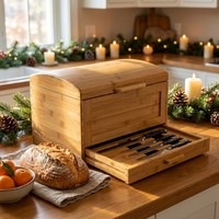 Boîte à pain en bambou 2-en-1 avec tiroir à couteaux intégré, station à pain gain de place pour comptoir, pour l'organisation de la cuisine