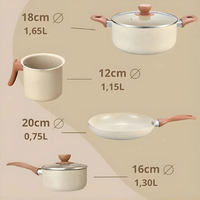 Ensemble de 6 casseroles et poêles en céramique moderne de haute qualité avec revêtement marbré, compatibles induction, couvercles en verre, poignées en bois doux au toucher, antiadhésives