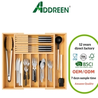 Organisateur de tiroir de cuisine extensible et réglable en bambou de 13 à 20 pouces de large avec 2 blocs porte-couteaux et 7 à 9 emplacements (Nouveau)