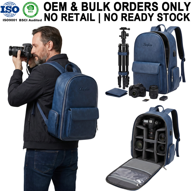 MOQ 100 Custom Deep Blue PU Leather Camera Bag Manufacturer OEM/ODM Photography Backpack for Digital Gear&Tripod