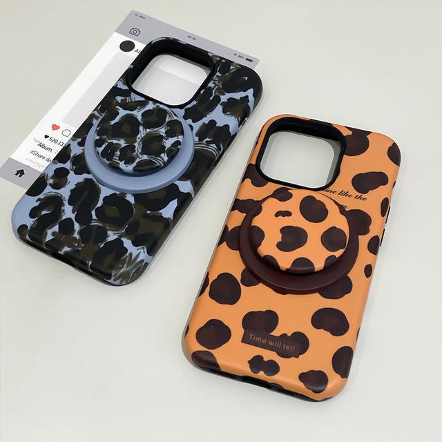 Customized Magnetic Luxury Leopard Print Phone Case With Stand Holder 2-in-1 TPU PC Shockproof Cover for iPhone 15 16 17 Pro Max