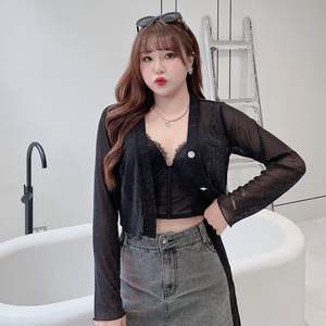 Runqi Cardigan en tricot transparent pour femme, grande taille, noir pailleté, veste de protection solaire d'été N8381 - Product Image 1