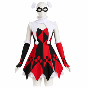Costume de cosplay style Harlequin pour femme, robe <span class=keywords><strong>à</strong></span> imprimé diamant 5 pièces avec gants <span class=keywords><strong>à</strong></span> volants et ensemble d'élastiques pour cheveux - Product Image 1