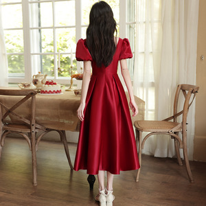 Burgundy Satin Evening Dress Square Neck A-Line Vintage Mid Length For Engagement Party Host - Product Image 3