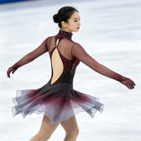 Robe de patinage artistique pour enfants, dégradé rouge vin, noir et gris, en spandex/nylon, maille ajourée, dos ouvert, ornée de strass, pour filles