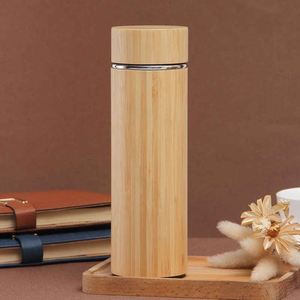 Bamboo Stainless Steel Vacuum Flask With Lid Minimalist Design Travel Water Bottle <b>Double</b> <b>Wall</b> Insulated 24H Heat Retention - Product Image 2