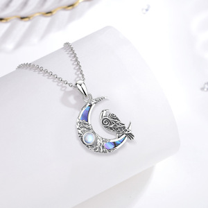 Changda Animal Lover Moon Norse Amulet 925 Sterling Silver Madre de perla Moonstone Viking Crow Ravens Colgante Collar - Product Image 3