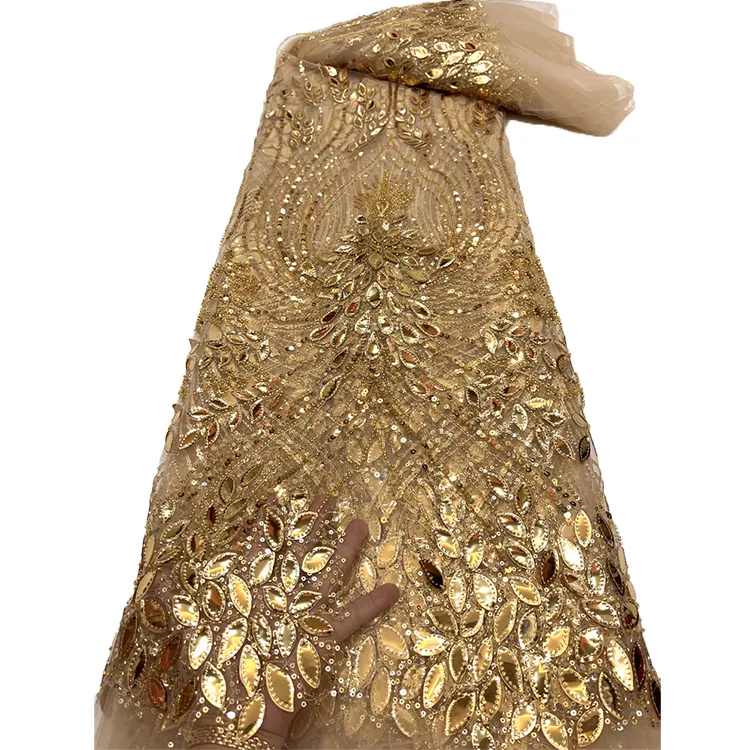 황금 노란색 나이지리아 페르시 스팽글 레이스 패브릭 비즈 자수 그물 패브릭 드레스