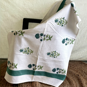 Hand <b>Block</b> Printed 100% Cotton <b>Waffle</b> Fabric Floral Pattern Quick-Dry Eco-Friendly Bath Towel for Beach Use - Product Image 1