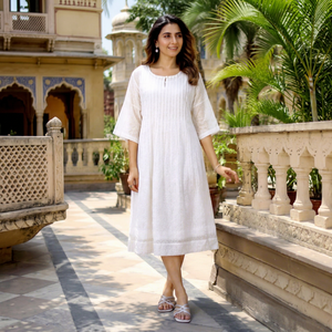 <b>White</b> Solid Chiffon Pleated Casual Dress Loose Fit <b>Maxi</b> O-Neck 3/4 Sleeve 100% Cotton ODM Beach Vacation Wear - Product Image 1