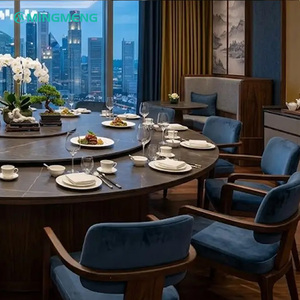 MINGMENG Round Wooden Dining Table <b>Set</b> with Marble Top and Blue Upholstered Chairs for <b>Restaurant</b> Use - Product Image 1