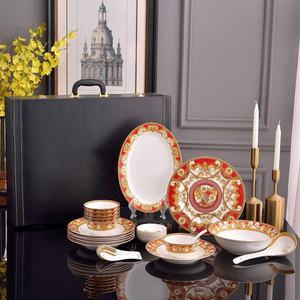 European Luxury 28pcs Ceramic Dinnerware <b>Set</b> Novelty Red Bone China with 6 <b>Marble</b> Spoons and Cup for Giveaways - Product Image 2