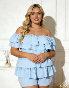 Combinaison-pantalon d'été pour femme, grande taille, bleu clair uni, à épaules dénudées, avec volants étagés, en maille, coupe droite - Product Image 4