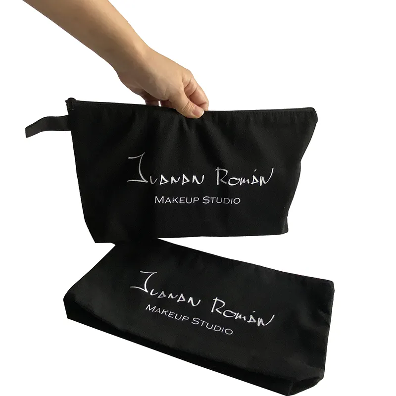 Özel baskılı Logo kozmetik ambalaj için tuval kılıfı kişiselleştirilmiş fermuar üst pamuk kanvas çanta
