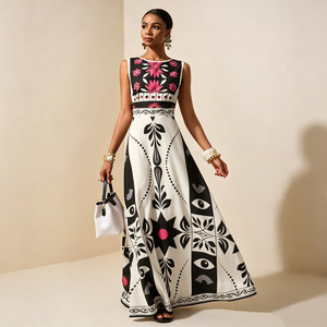 Elegante Vestido Largo Casual sin Mangas con Cintura Imperio, Estampado Floral y Patrón Geométrico para Uso Diario en Verano - Product Image 1