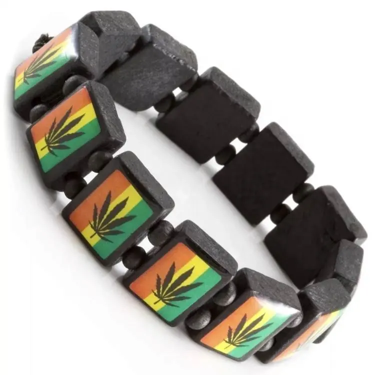 12*15MM Gỗ Đen Bracelet Weed Lá Trong Màu Rasta Và Jamica Cờ Biểu Tượng Vòng Đeo Tay