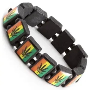 Bracelet en bois noir, motif feuille de mauvaises herbes, couleur Rasta et drapeau Jamica, 10 pièces, 12*15MM