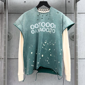 Produzione di T-Shirt Personalizzate a Blocchi di <span class=keywords><strong>Colore</strong></span> in Stile Vintage Oversize con Lavaggio Acido, Streetwear Effetto Vissuto, Manica Lunga, Doppia <span class=keywords><strong>Camicia</strong></span> per Uomo - Product Image 5