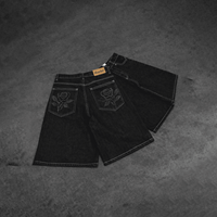 Shorts en jean pour homme coupe droite et large, style baggy, avec broderie personnalisée, logo, patchwork, poche et étiquette personnalisée