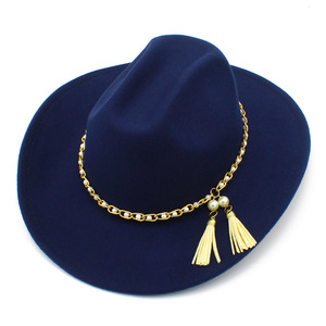 10 <span class=keywords><strong>colores</strong></span> nueva moda elegante perla cadena fieltro <span class=keywords><strong>sombrero</strong></span> de vaquera mujeres ganado occidental <span class=keywords><strong>vaquero</strong></span> sombreros para mujeres - Product Image 5