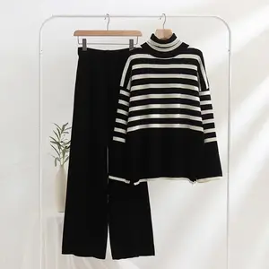 Soiling Women's Cashmere Suit Plain Knitted Turtleneck striped Female Wool Sweater Pant Knit Two Piece set