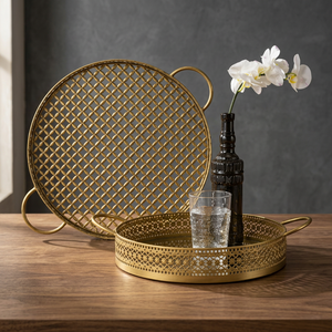 Juego de bandejas decorativas redondas de metal chapado en oro con diseño de frutas, patrón vertical, diseño moderno, para barra de bar, uso en Ramadán - Product Image 1