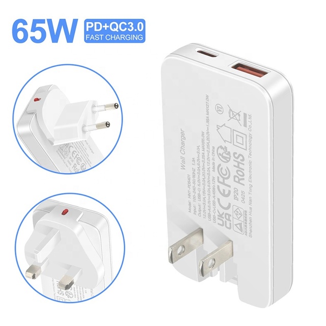 HNT Ultra Slim Removable 65W PD USB Laptop Wall Charger Type-C Dual Port Power Adapter Fast Charging for iPhone 17 16 Charger