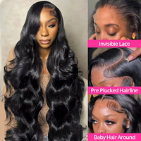 Perruque HD en Cheveux Humains Vierges Brésiliens Remy, Ondulée, Noir Naturel, Transparente, pour Options HD Sans Colle, Densité 300%