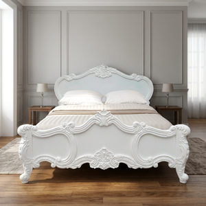 Cama King-Size de Lujo Estilo Luis Rococó Francés, Madera de Caoba Tallada, Diseño Moderno de Pared, Color Blanco, Juego de Muebles para Dormitorio, Desmontable - Product Image 3