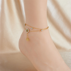 Élégante Chaîne de Cheville Arbre de Vie à Deux Niveaux en Acier Inoxydable Plaqué Or avec Pendentif Goutte d'Eau en Zircon Cubique, Tendance et Délicate pour les Vacances - Product Image 1