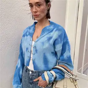 2023 primavera autunno Cardigan corto maglione pettorale Cardigan per le donne stampa personalizzata Tie-Dye scava fuori il maglione raccolto