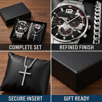 Coffret Cadeau Luxe Homme : Montre, Collier Croix, Bracelet et Bague pour la Fête des Pères et la Saint-Valentin