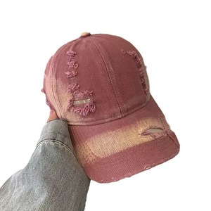 Washed Distressed Ripped Baseball <b>Cap</b> For <b>Women</b> Cotton Denim Sun Hat American Retro Style Duckbill <b>Cap</b> Pink Blue Off White - Product Image 5